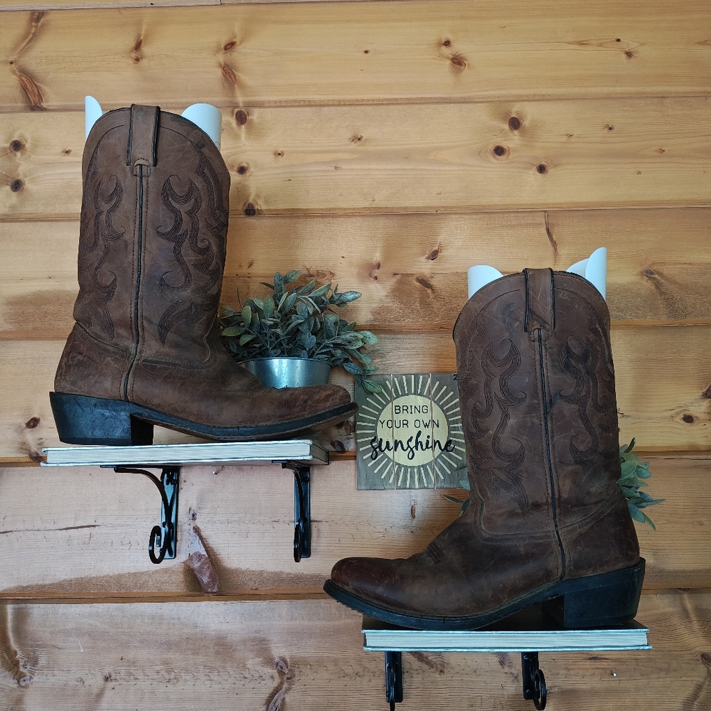 DURANGO D3922 Western Brown Leather Cowboy Boots Block‎ Heel Embroidered Sz 11 D